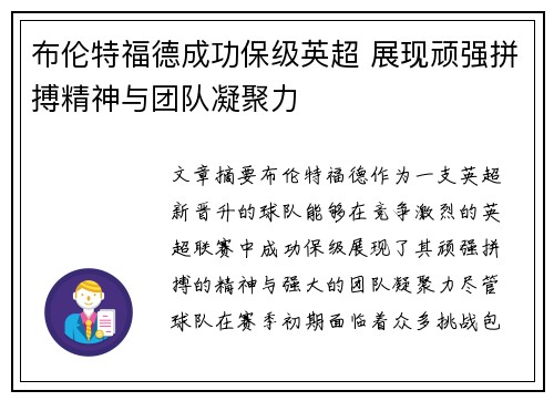 布伦特福德成功保级英超 展现顽强拼搏精神与团队凝聚力
